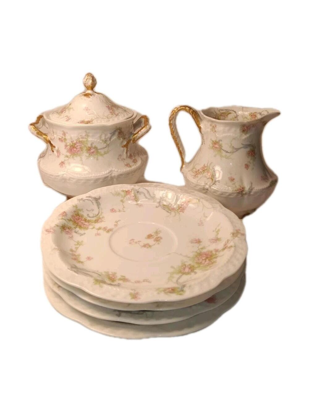 Limoges Antique Porcelain Tea Set Theodore Haviland  Lid Cream Sugar 4 Saucers